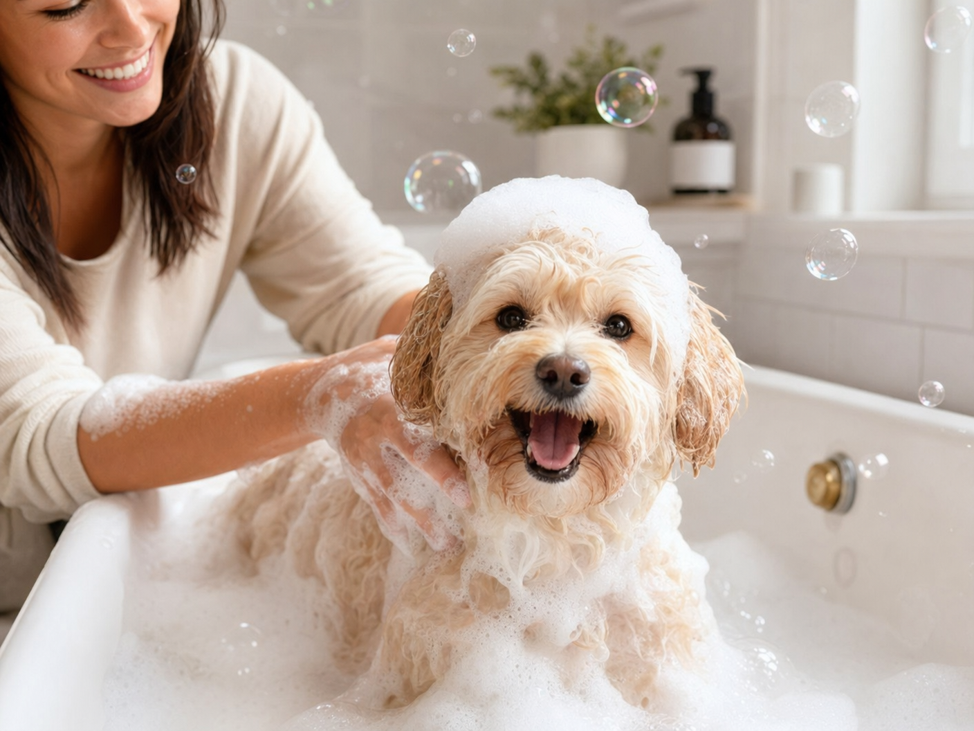 Dog bath time with clean water
