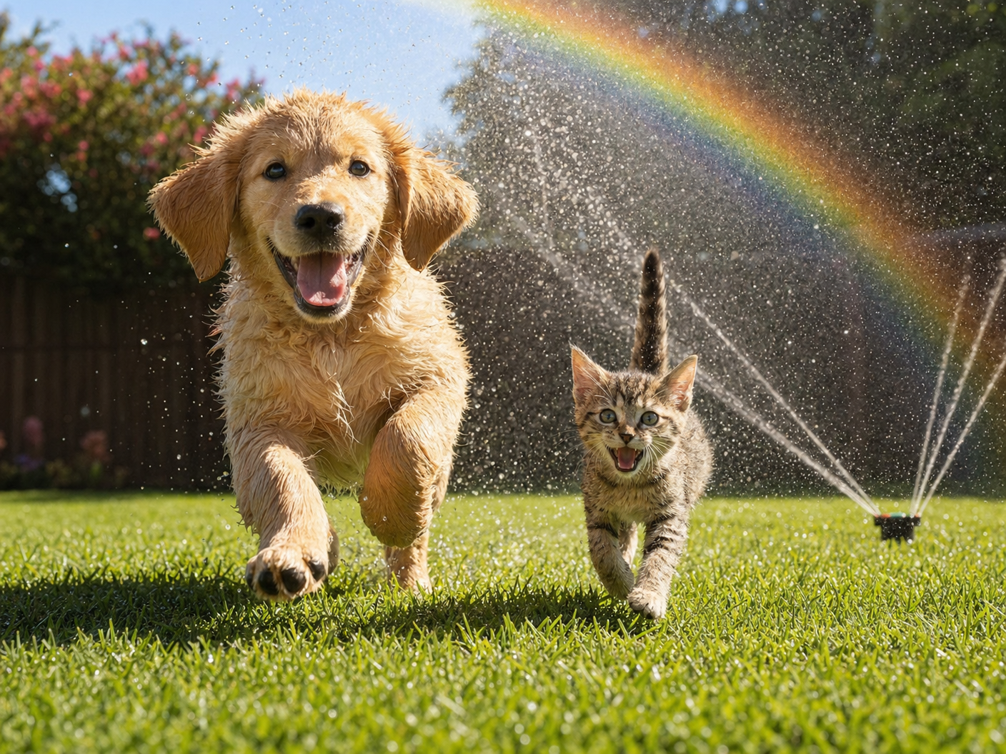 Pets playing in sprinkler